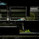 Samus slides under a low overhang while below, an E.M.M.I. robot moves through a crawlspace.